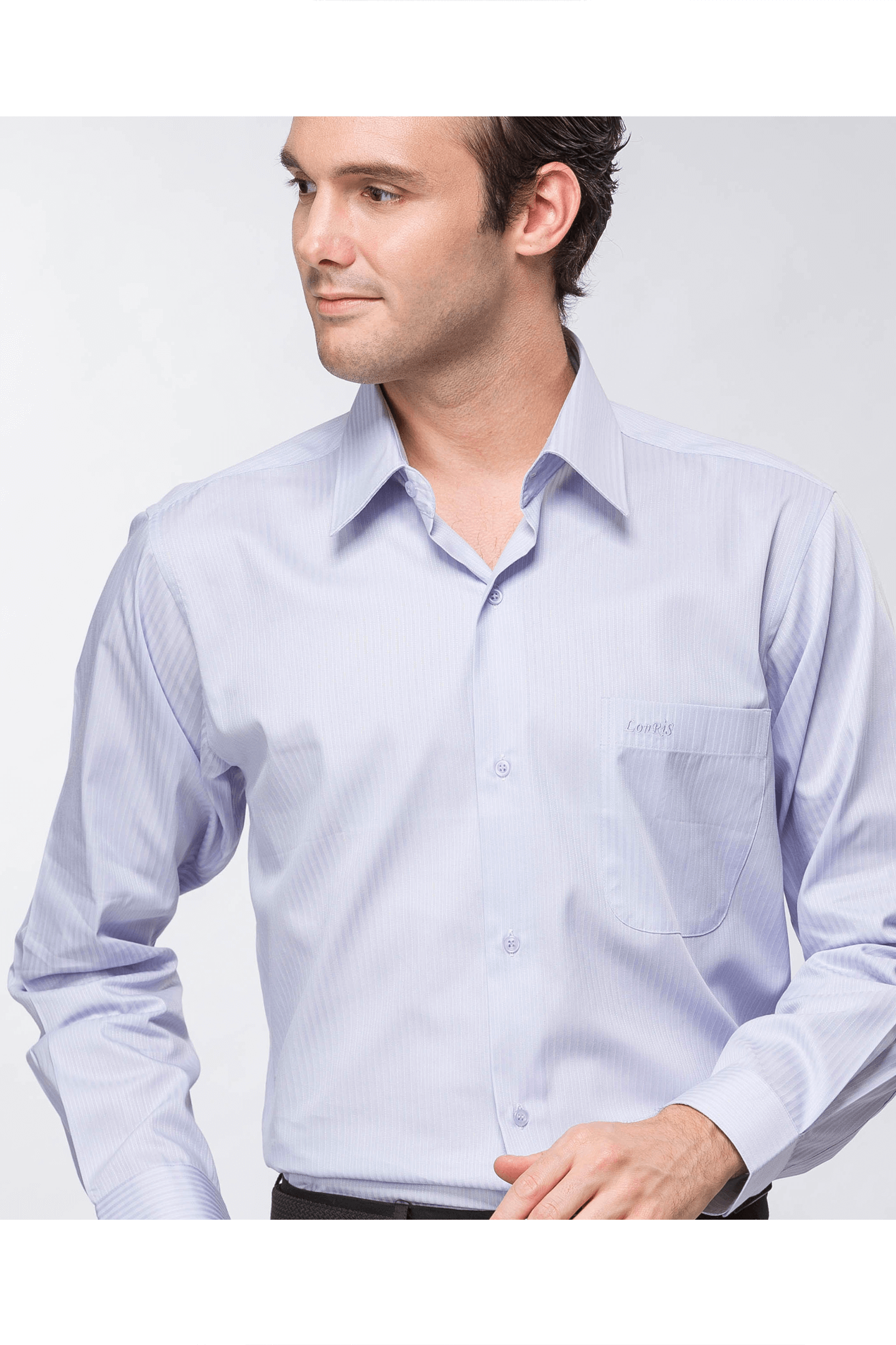 淡紫灰條棉質長袖襯衫 / 舒適透氣