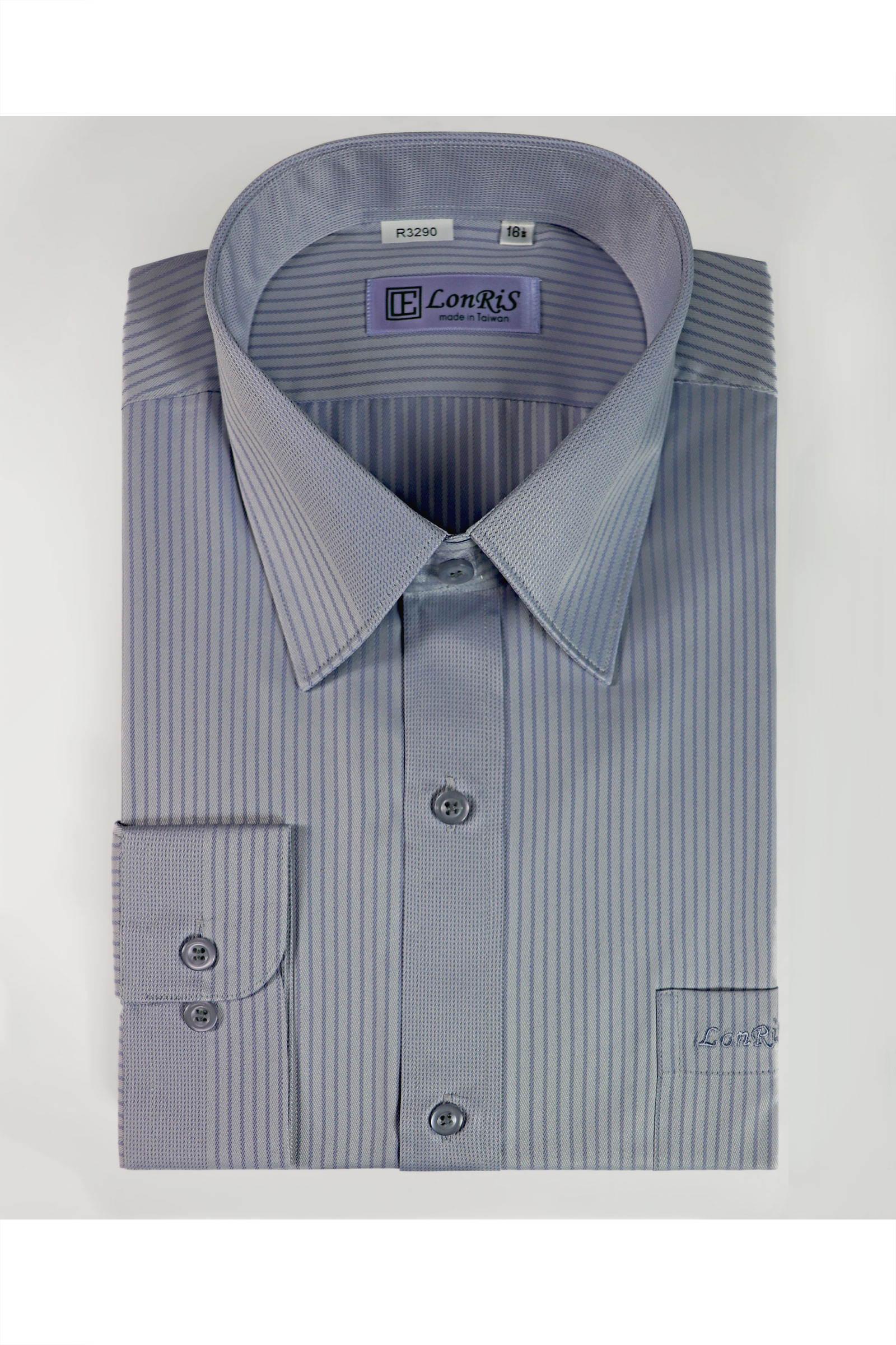 灰底紫條紋定位長袖襯衫 /抗皺 吸濕排汗