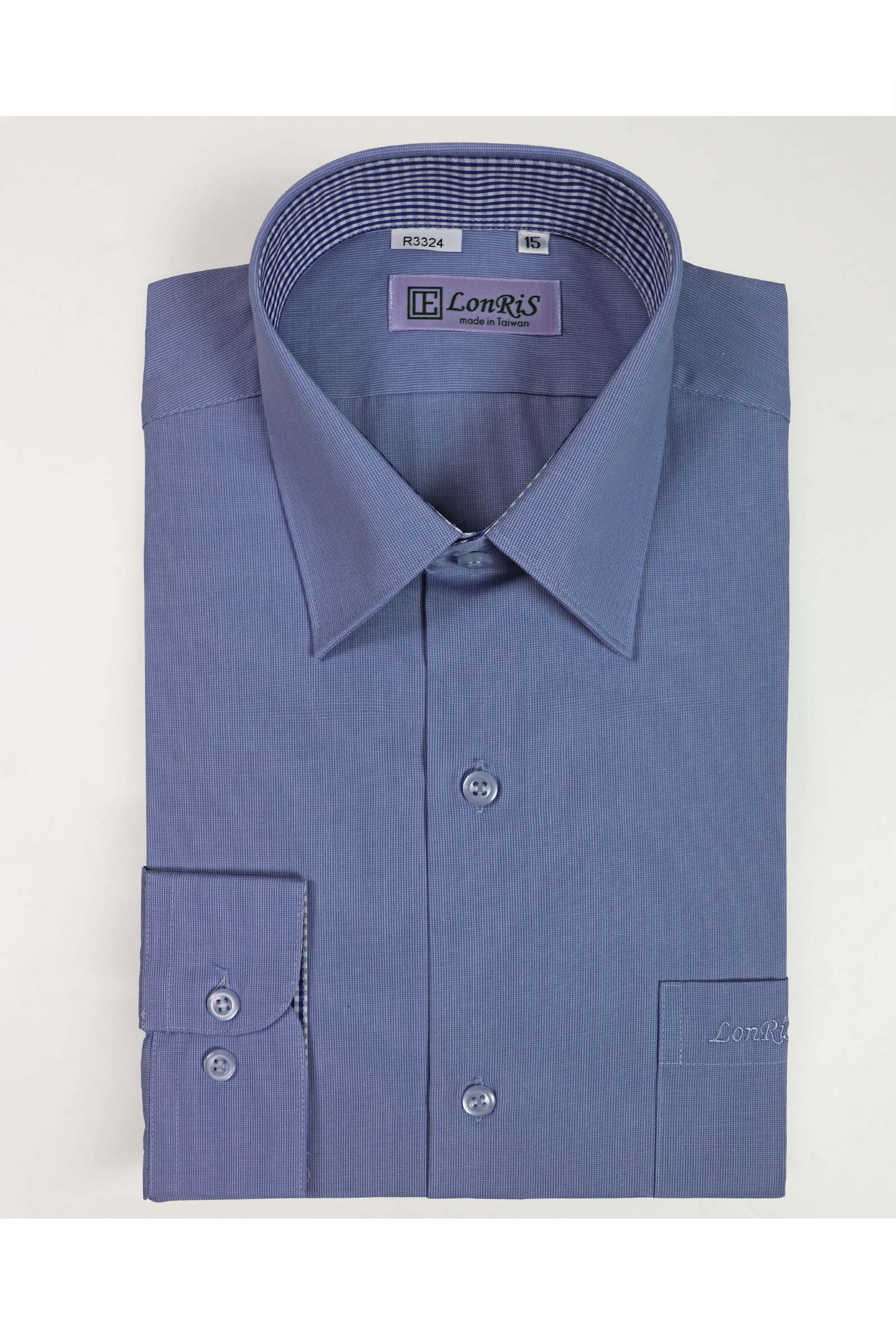藍色素面配格長袖襯衫 / 舒適透氣
