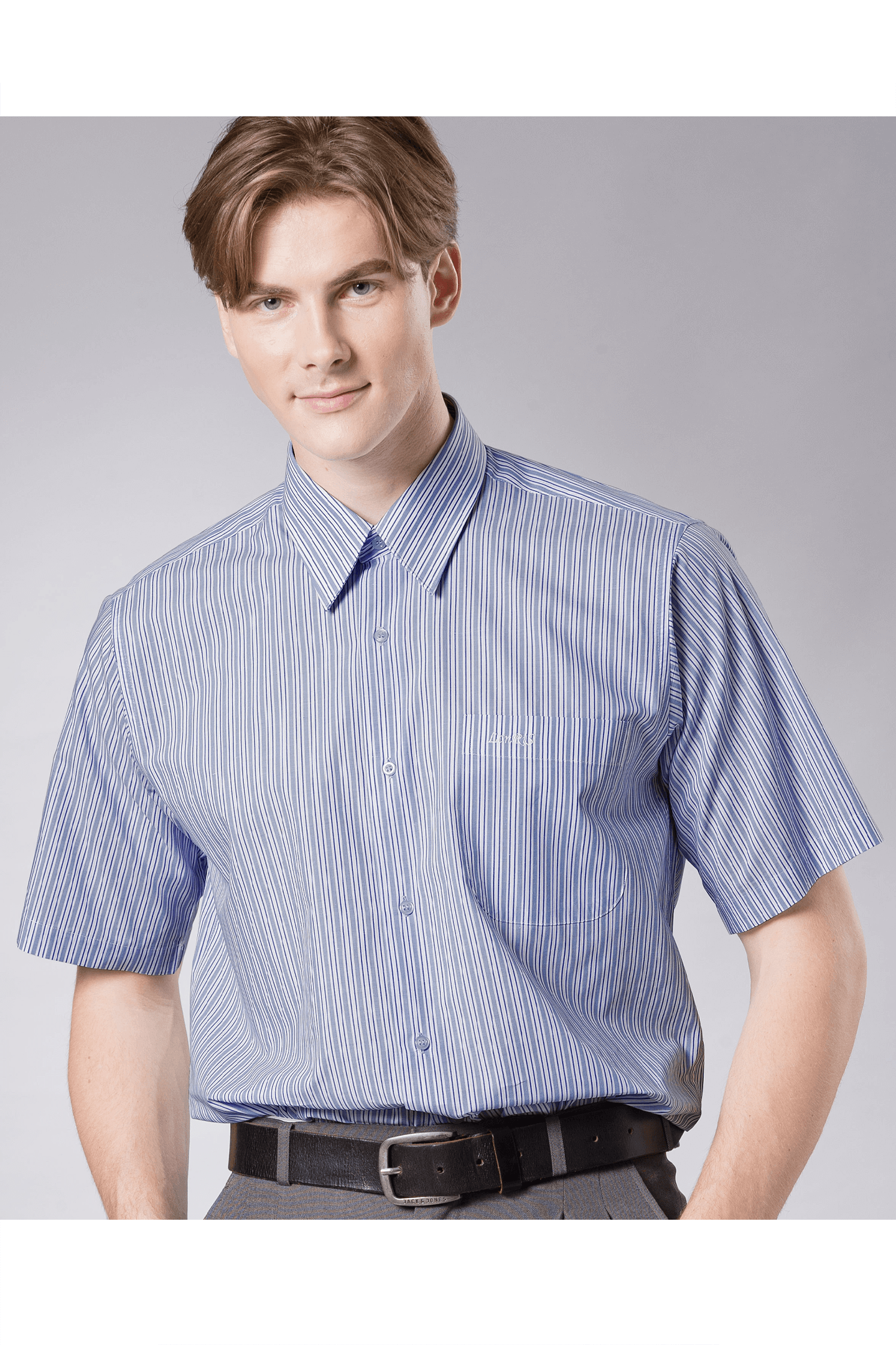 藍色條紋棉質短袖襯衫/舒適透氣