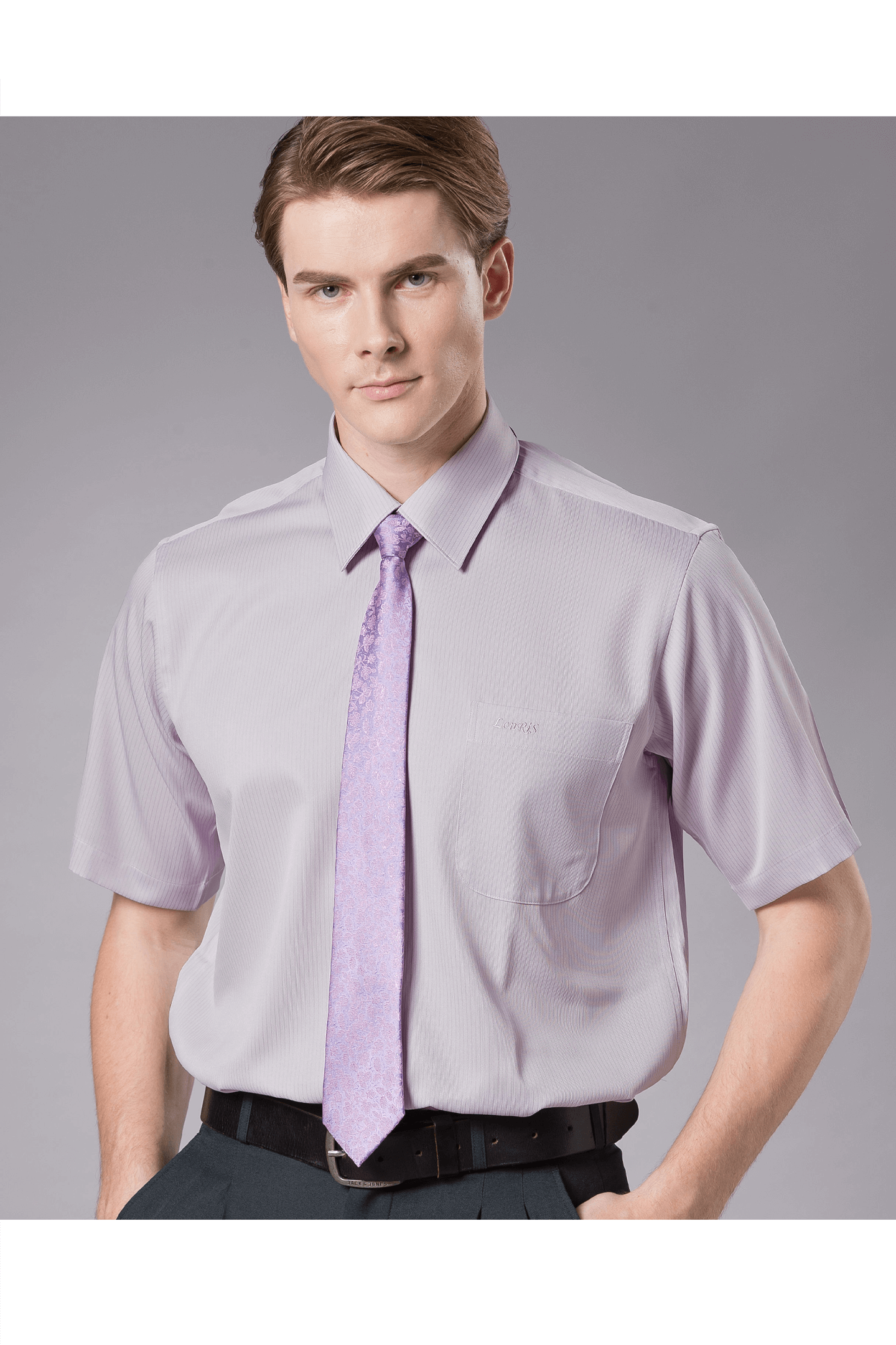 芋紫色緹花短袖襯衫/抗皺 吸濕排汗