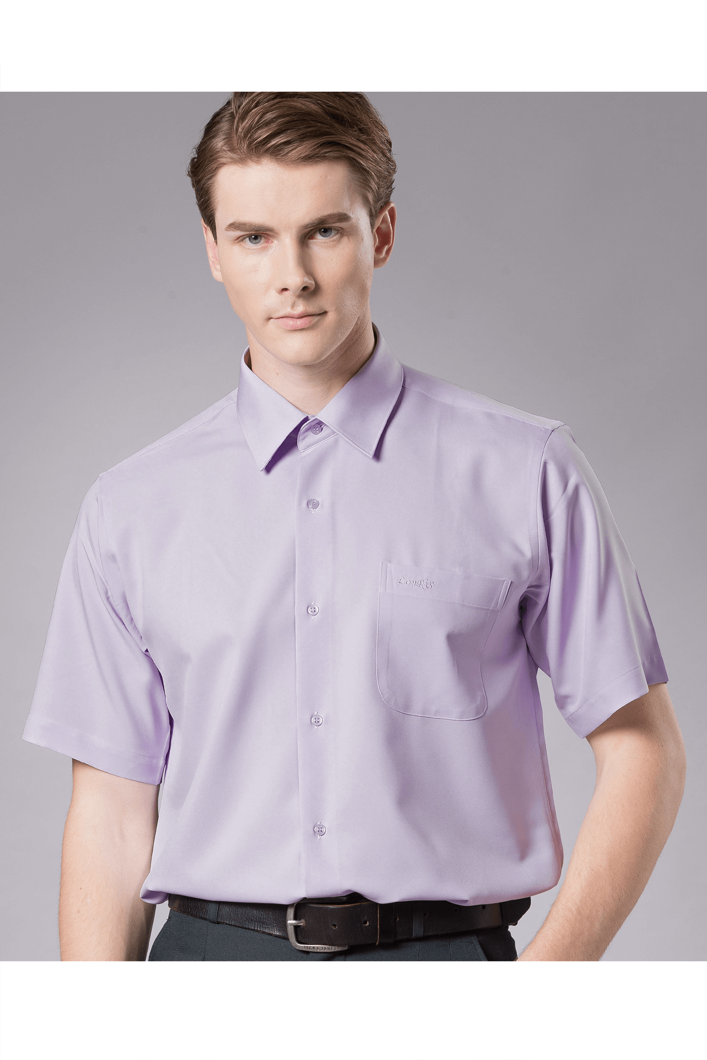 紫色素面短袖襯衫/抗皺 吸濕排汗