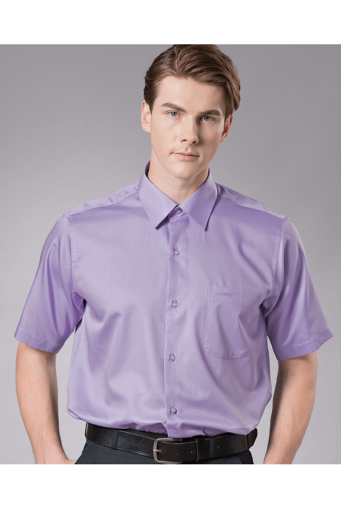 紫色素面棉質短袖襯衫/舒適透氣	