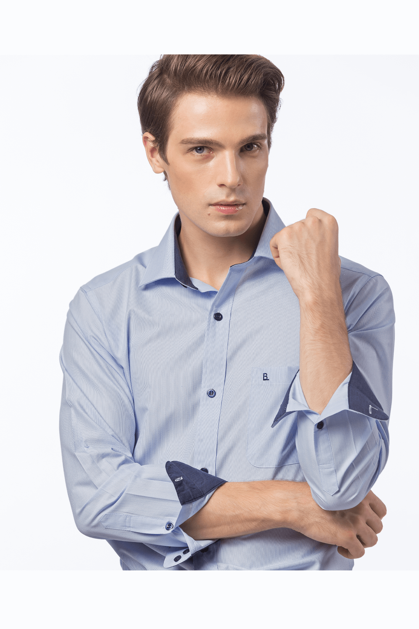 藍色細條紋長袖修身襯衫 / 抗皺 吸濕排汗